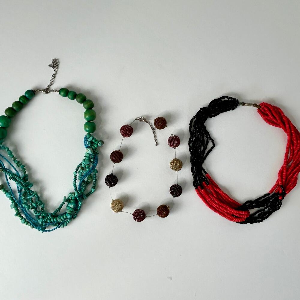 Vintage Beaded Necklace Lot of 3 Wood Stone Multi-Strand Boho Jewelry